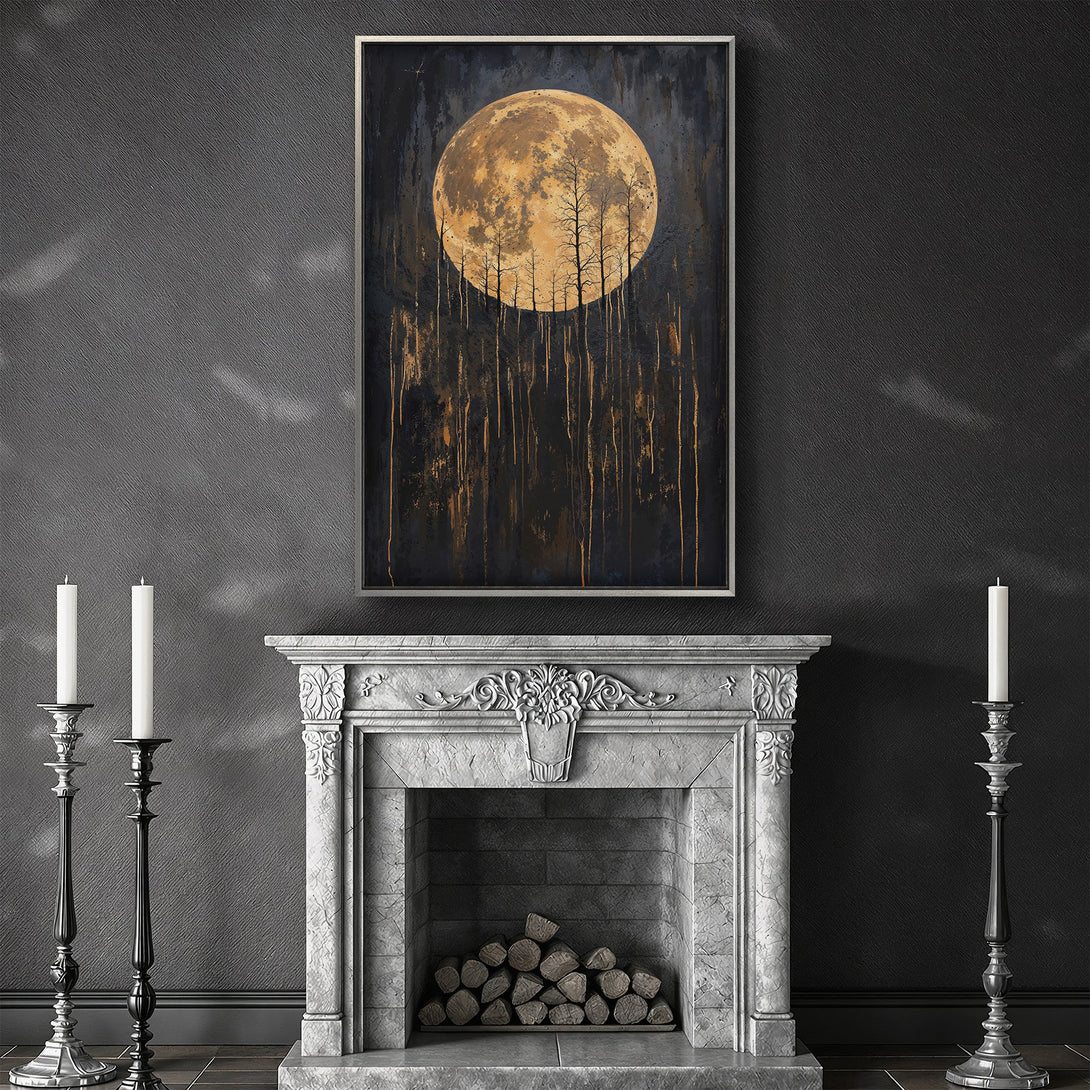 Framed Wall Art: Moonlit forest scene in a dark, moody palette. Enhance your space with this stunning canvas print, perfect for a touch of elegance.
