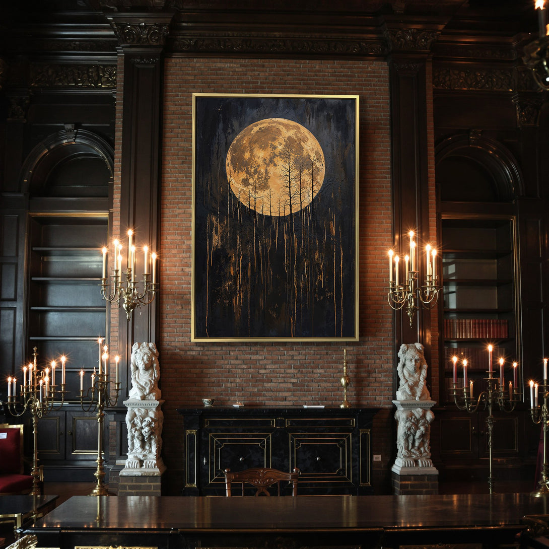 Canvas Print of a spooky moonlit forest scene, perfect for Halloween decor. Dark, moody color palette with orange and black accents.