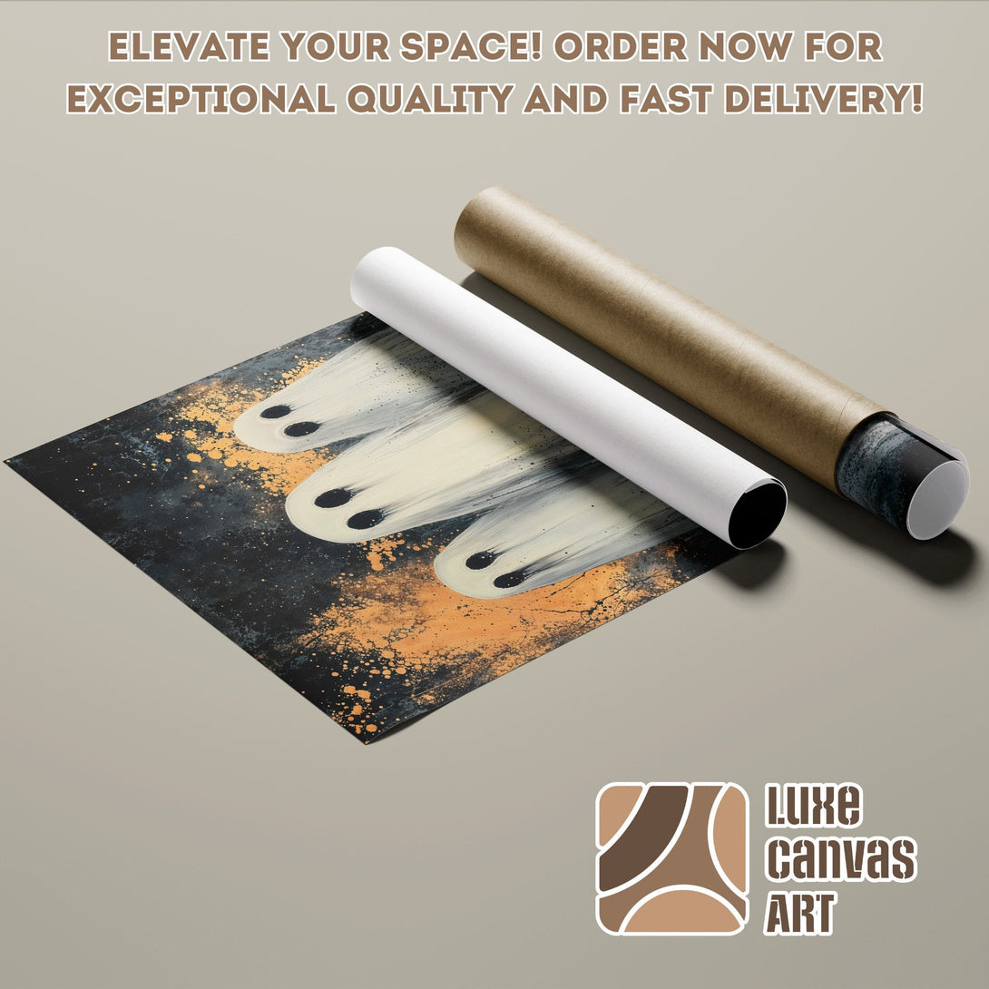 Abstract ghost art Poster Roll in black, white, and gold. Elevate your space!