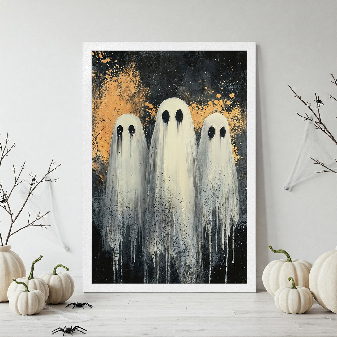 Framed Poster featuring spooky ghost art in white, black, and gold. Perfect Halloween decor! Get your unique Poster today!