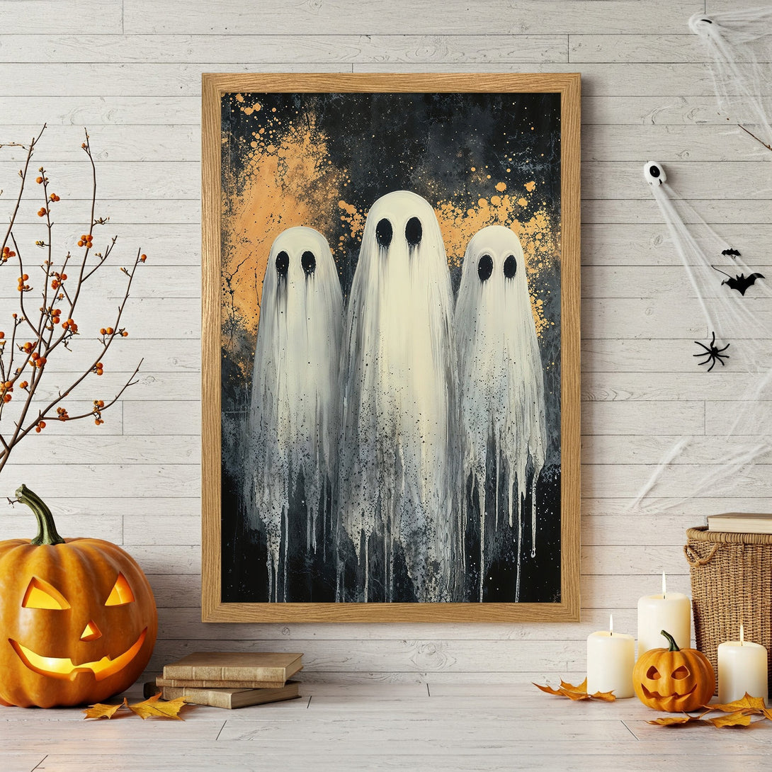 Framed Poster featuring spooky ghost art in black, white, and gold. Perfect Halloween decor!
