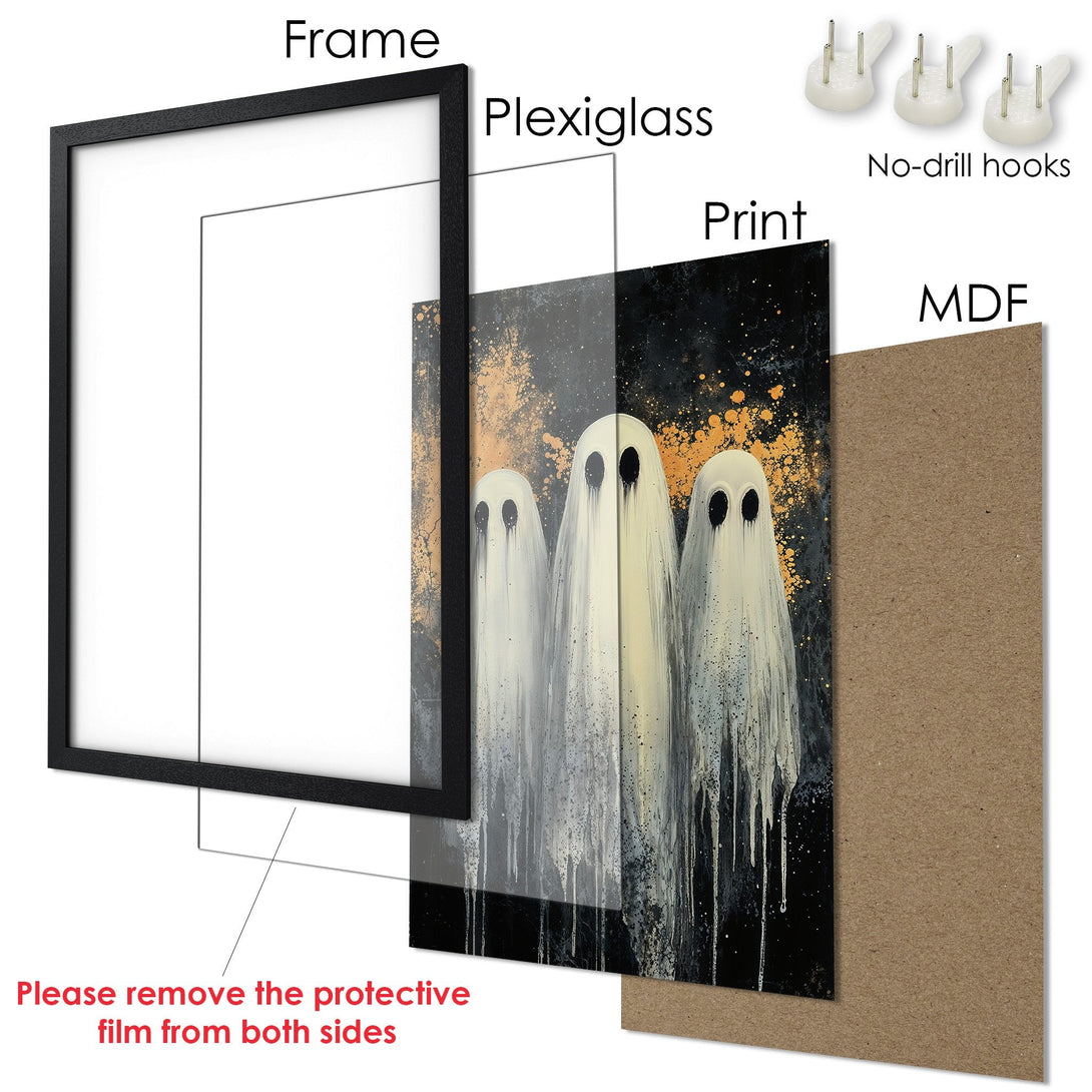 Framed Poster featuring spooky ghost art with a black frame, gray, white, and gold color palette. Perfect Halloween decor!