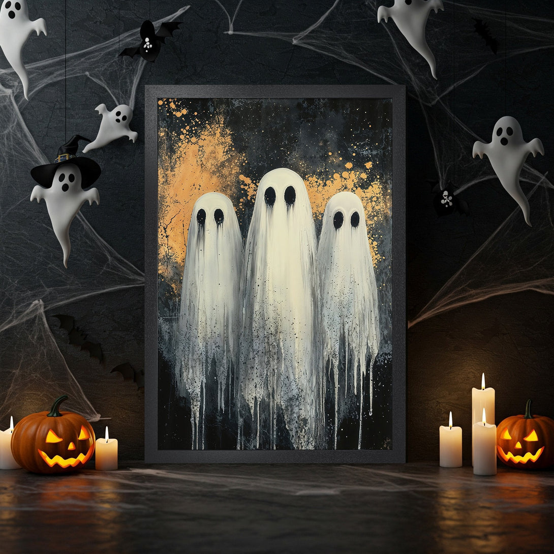 Framed Poster featuring spooky ghost art in a modern style with a black, white, and gold color palette, perfect for Halloween decor.