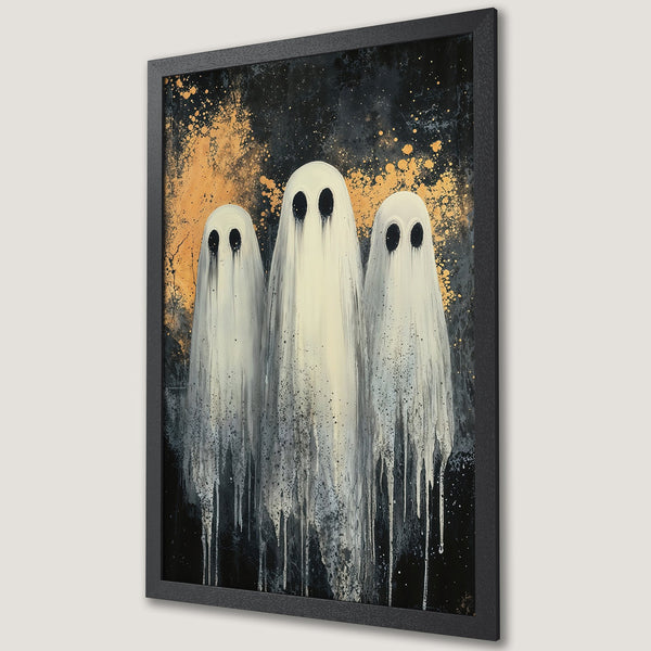 Framed Poster featuring three ghostly figures in a dark, abstract style with a black, white, and gold color palette. Perfect Halloween decor!