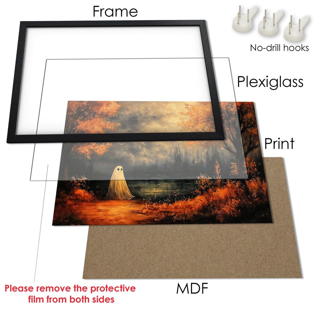 Framed Poster featuring a spooky ghost in a fall landscape, with warm orange and dark tones. Perfect wall art!