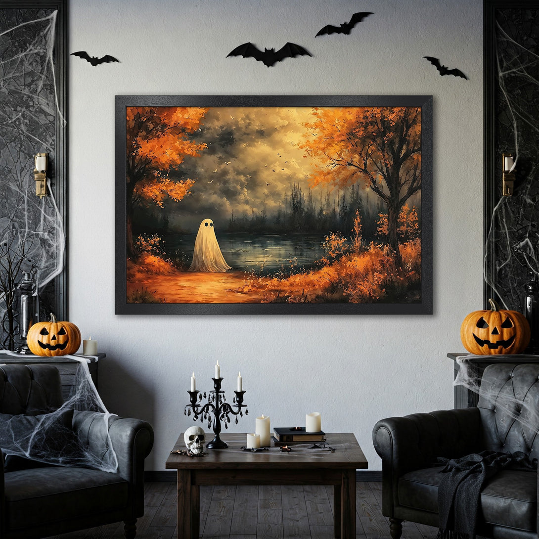Framed Poster featuring a spooky ghost in an autumn landscape with orange and black tones, perfect for Halloween decor.