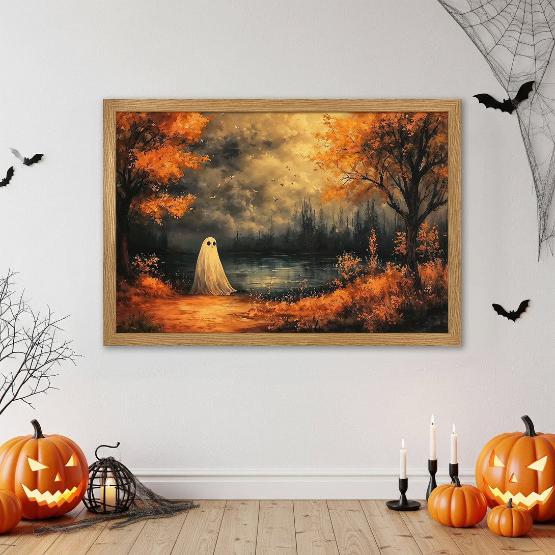 Framed Poster featuring a spooky ghost in a fall landscape with orange and gold hues. Perfect Halloween decor!