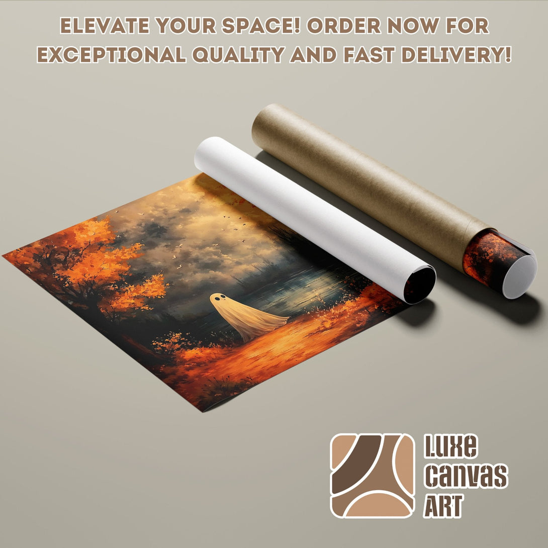 Poster Roll featuring a spooky ghost in an autumn landscape, warm orange and dark tones. Order now!