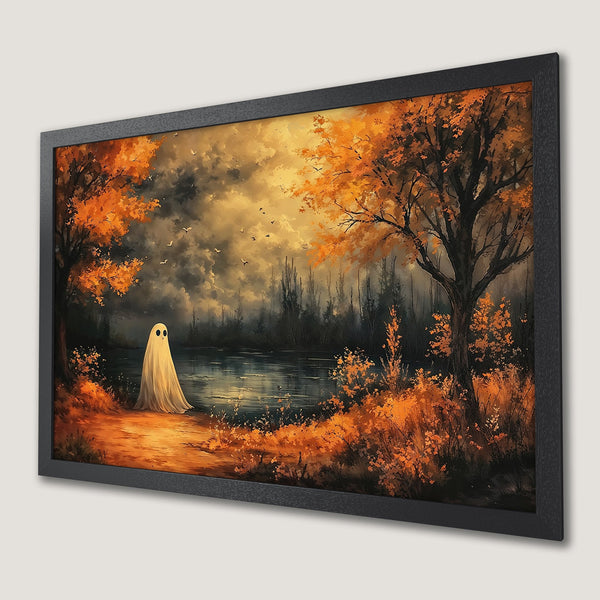 Framed Poster of a ghost by a lake in autumn colors. Perfect spooky decor!