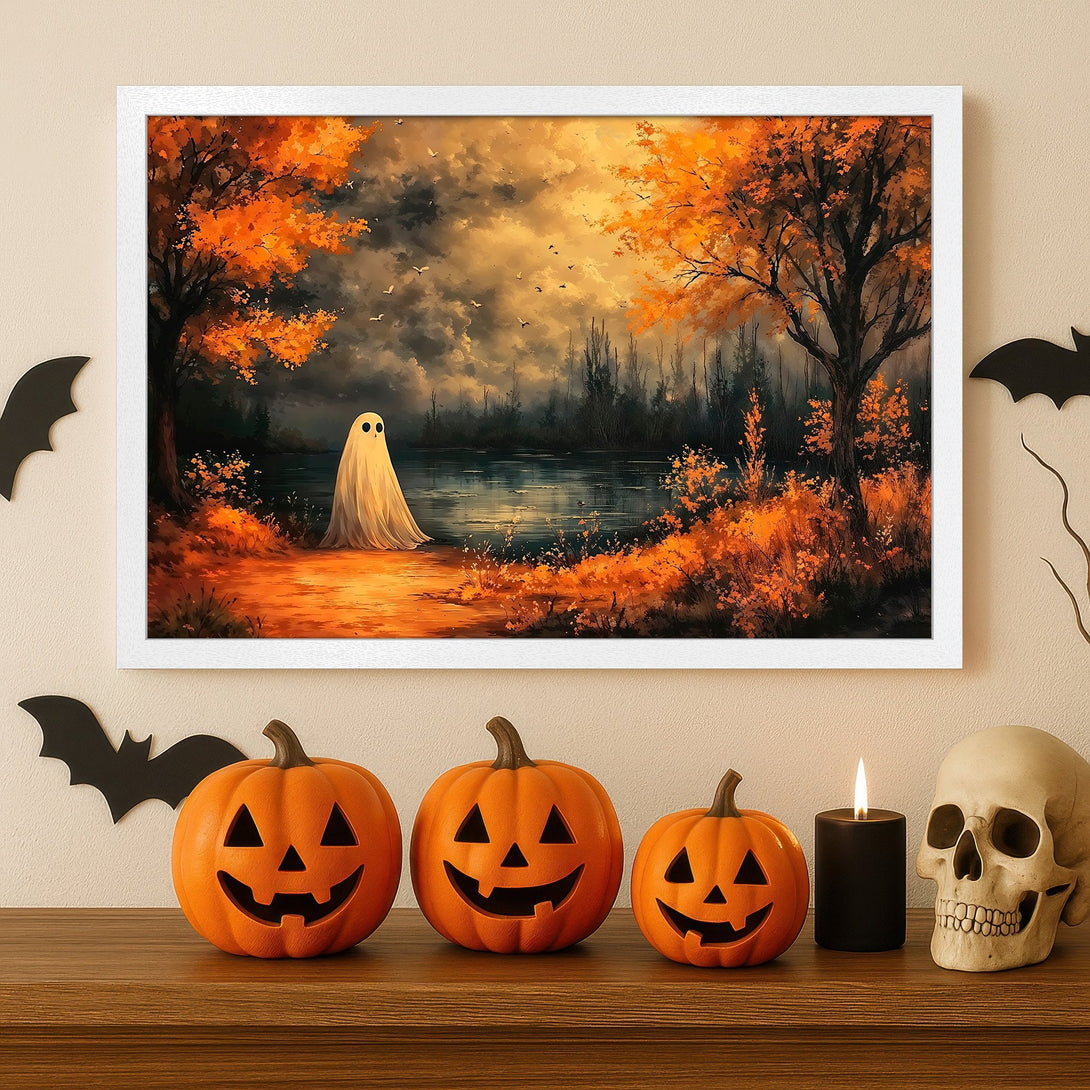Framed Poster featuring a spooky ghost in an autumn landscape with orange and black color palette. Perfect Halloween decor!