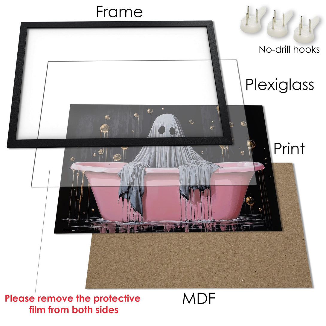 Framed Poster featuring a ghost in a bathtub, with a dark, whimsical style and a pink, black, and gold color palette.