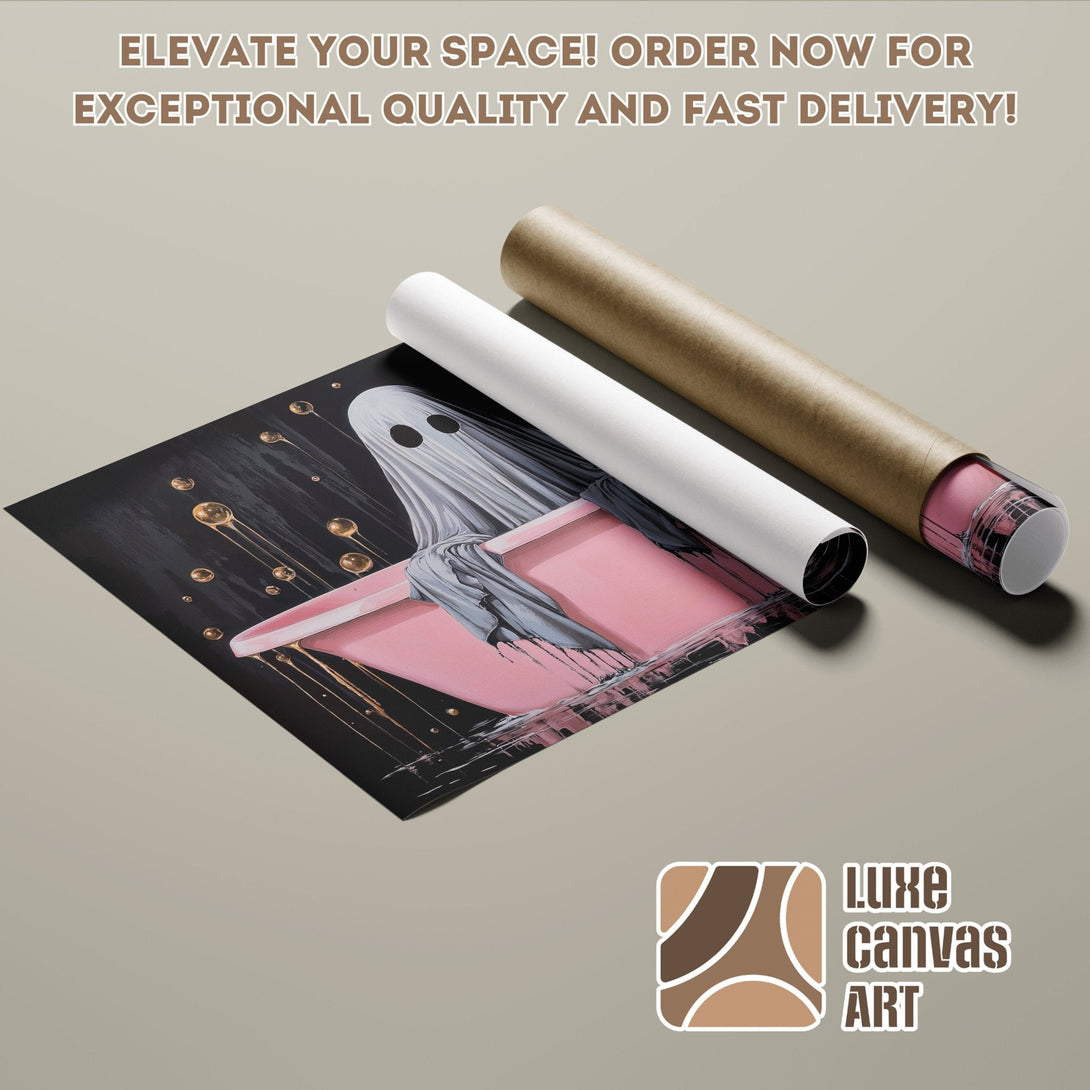 Poster Roll featuring a ghost in a bathtub art print, black, pink, and gold palette.