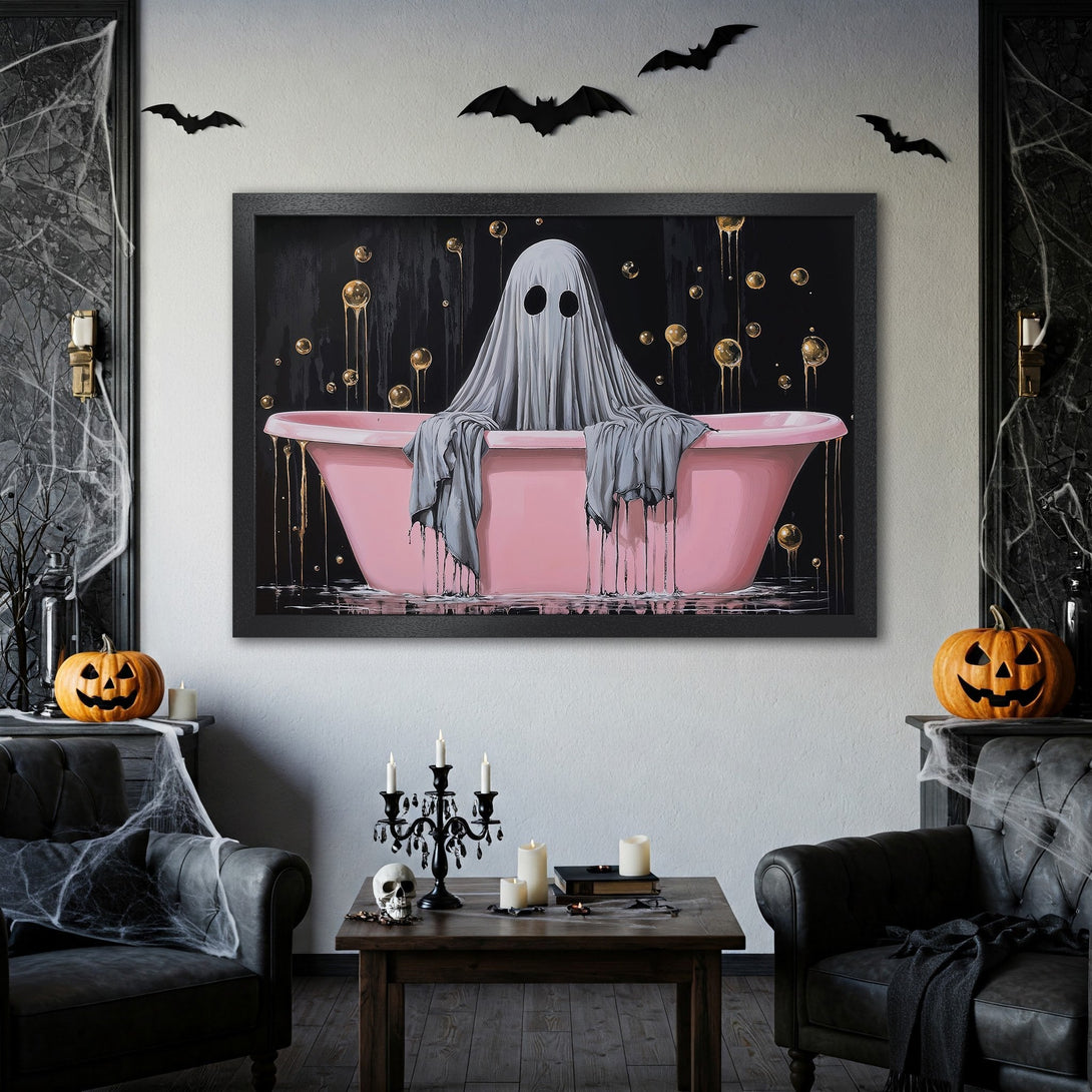 Framed Poster featuring a ghost in a bathtub, whimsical art style. Black, pink, and gold color palette. Perfect Halloween decor!