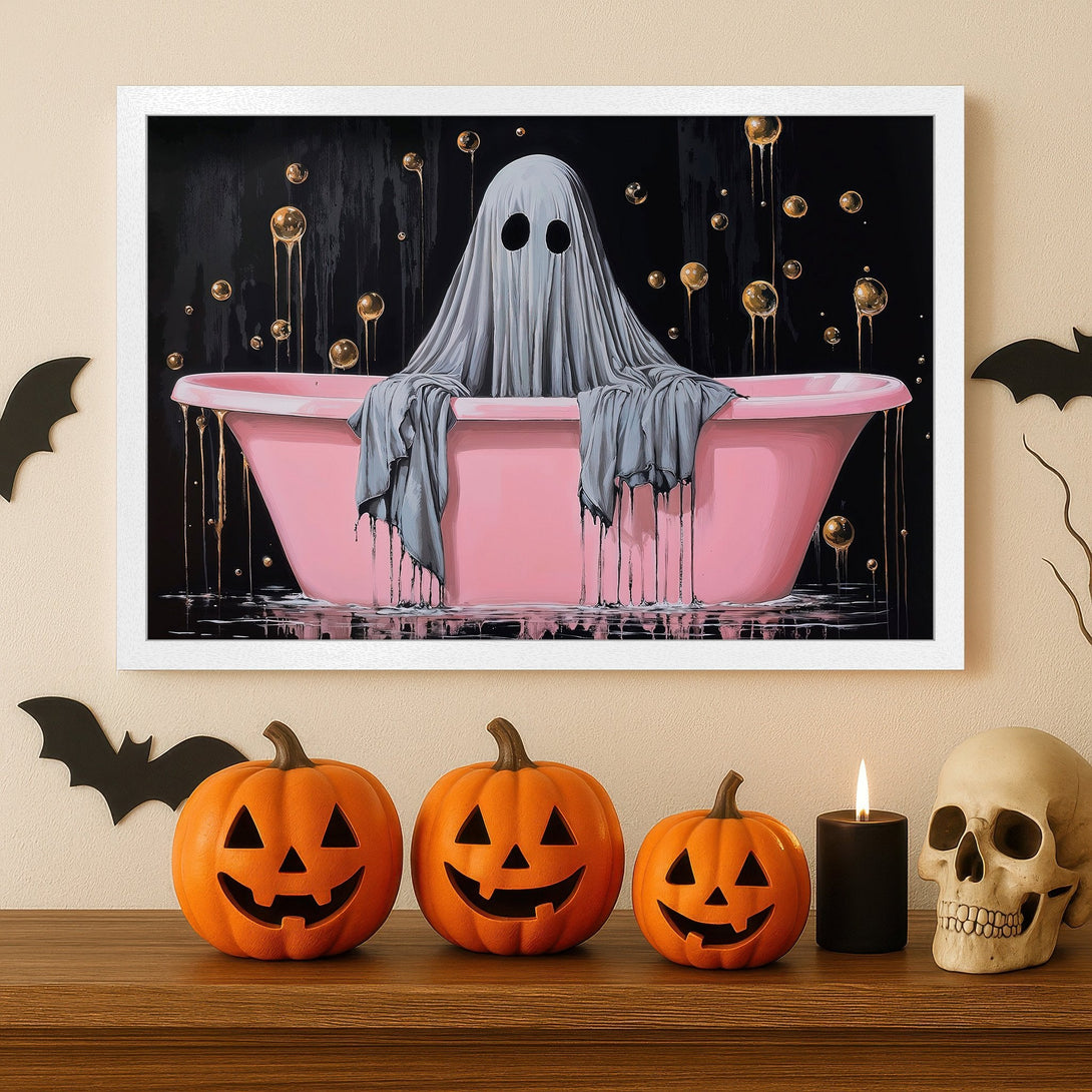 Framed Poster: Spooky ghost in a pink bathtub, modern style, black & gold palette. Perfect Halloween decor!