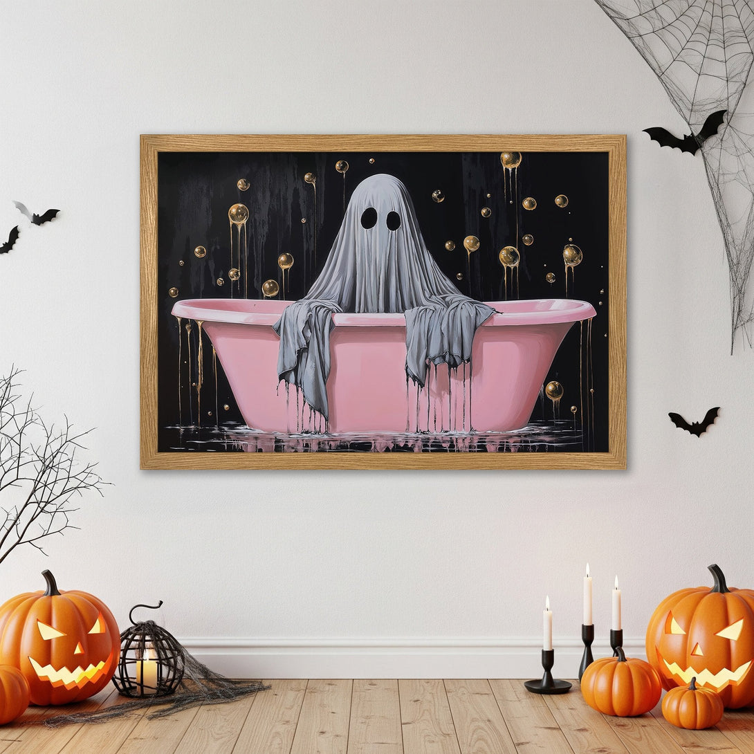 Framed Poster: Ghost in bathtub art print, Halloween decor, black, pink, gold color palette. Spooky & stylish wall art.