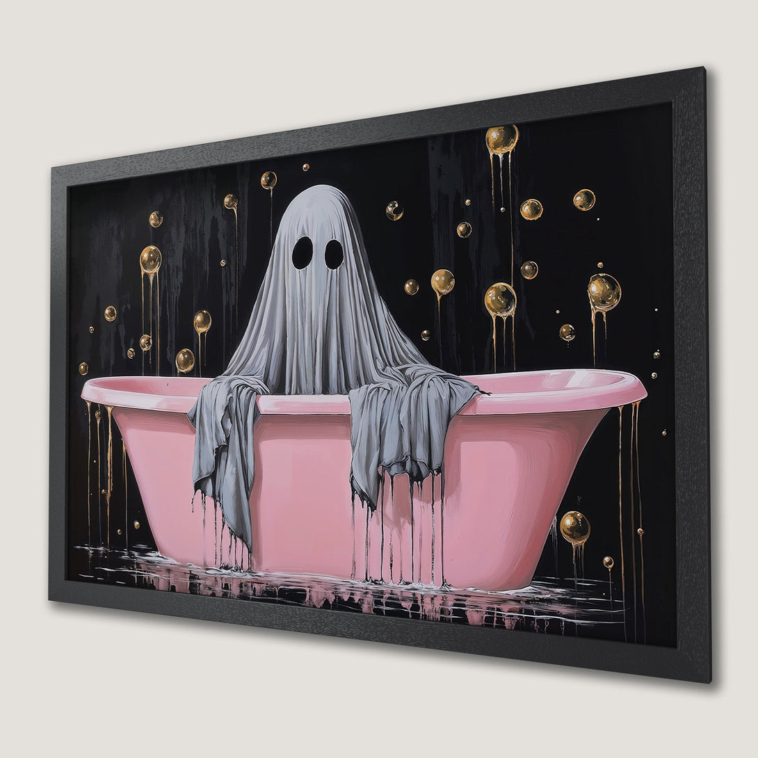 Framed Poster: Ghost in pink bathtub, modern art style, black, pink & gold color palette. Spooky & stylish wall art.