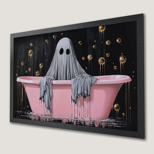 Framed Poster: Ghost in pink bathtub, modern art style, black, pink & gold color palette. Spooky & stylish wall art.