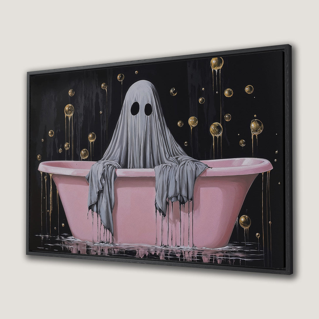 Framed Wall Art: Spooky ghost in a pink bathtub. Modern art with a black, pink, and gold color palette. Perfect for Halloween decor!