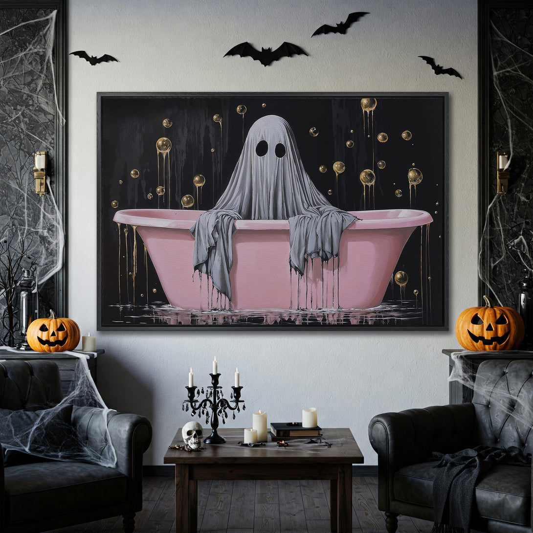 Framed Wall Art: Spooky ghost in a pink bathtub, Halloween decor. Black, gold, and pink color palette. Perfect for a haunted house theme.