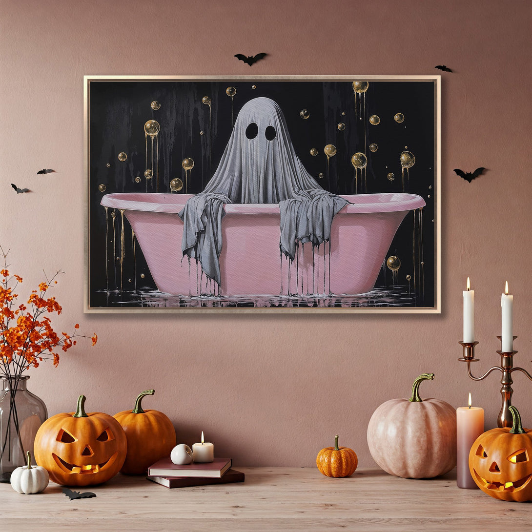 Framed Wall Art: Spooky ghost in a pink bathtub. Modern art with a black, gold, and pink color palette. Perfect Halloween decor!