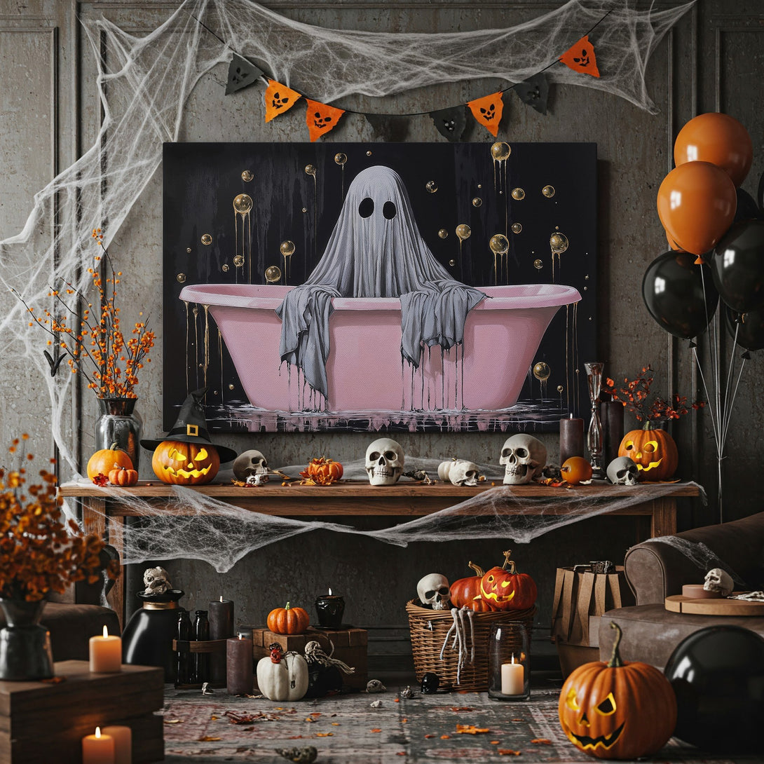 Framed Wall Art: Spooky ghost in a pink bathtub. Halloween art with a black, gold, and pink color palette. Perfect for seasonal decor!