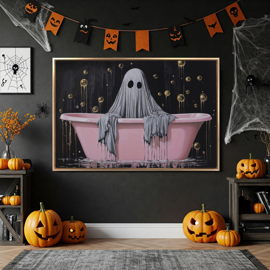 Framed Wall Art: Spooky ghost in a pink bathtub. Halloween-themed canvas print with a dark, moody color palette perfect for seasonal decor.