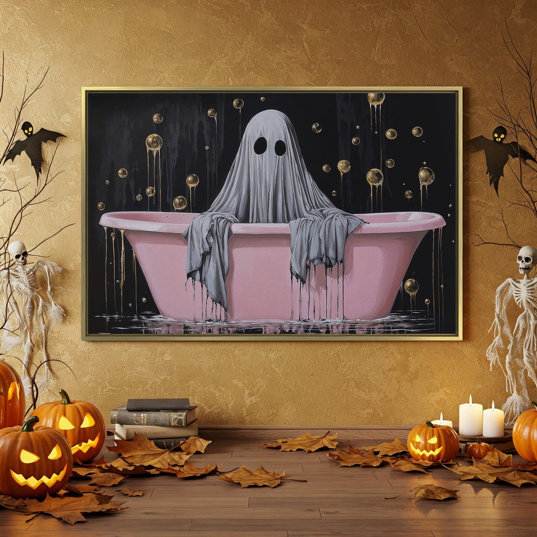 Spooky Halloween Canvas Print featuring a ghost in a pink bathtub, with orange & black decor. Perfect for a haunted home!