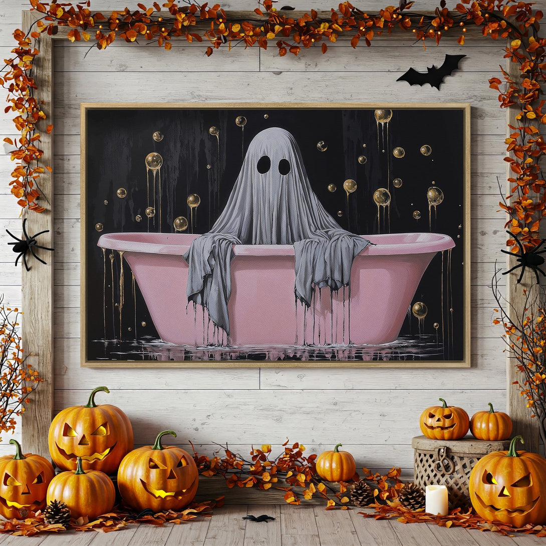 Framed Wall Art: Spooky ghost in a pink bathtub, modern art style, Halloween decor with black, pink, and gold color palette.