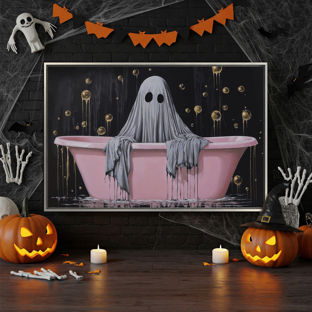 Framed Wall Art: Spooky ghost in a pink bathtub. Whimsical, Halloween-themed art with a black, gold, and pink color palette. Perfect for adding a touch of fun!