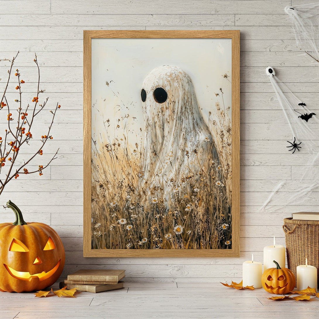 Framed Poster featuring a spooky ghost in a field, with a neutral color palette, perfect Halloween decor.