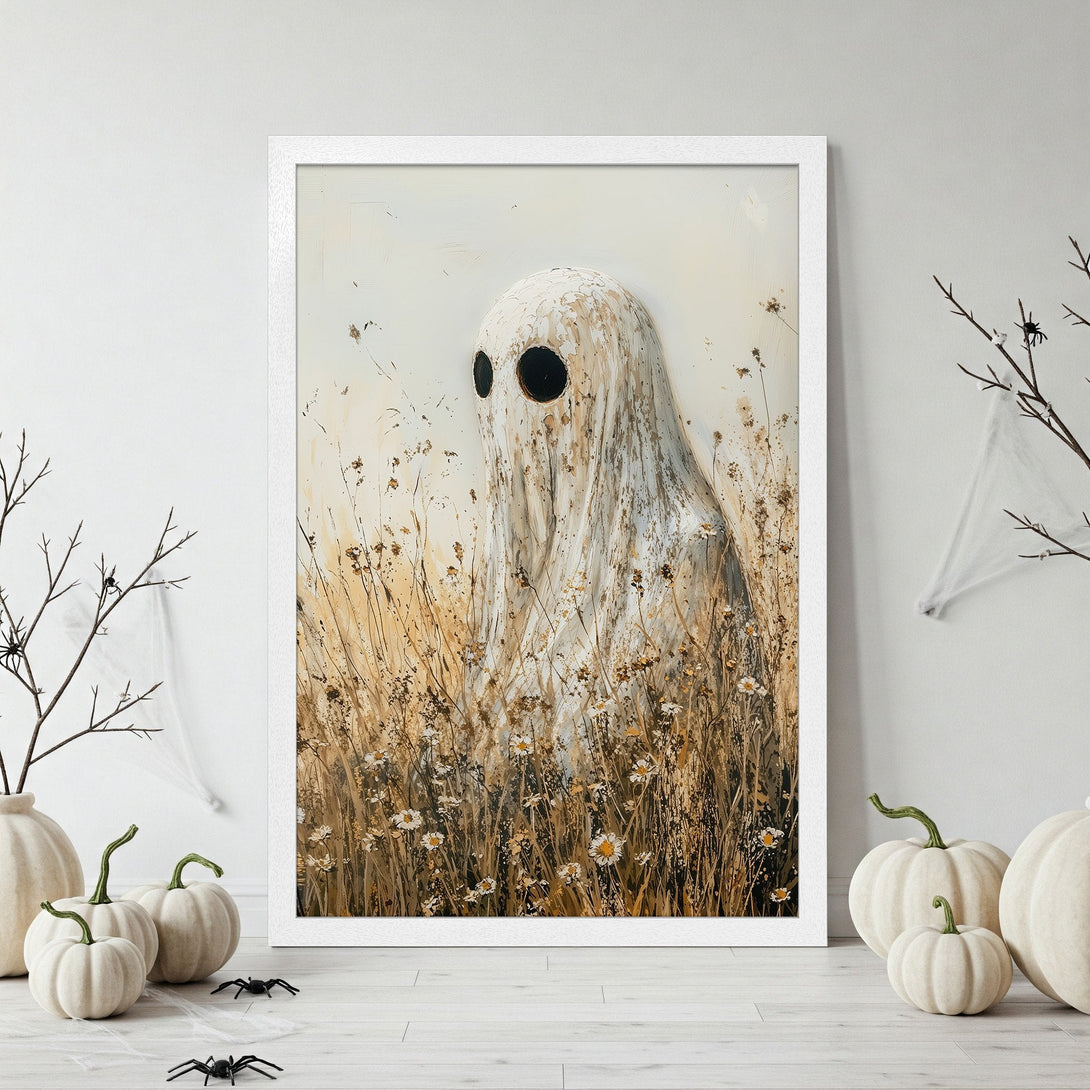 Framed Poster featuring a ghost in a field, with a neutral color palette and a vintage art style, perfect for Halloween decor.