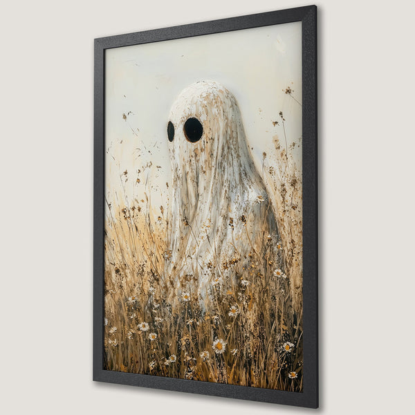 Framed Poster featuring a ghostly figure in a field of wildflowers, painted in a muted, earthy color palette. Perfect spooky wall art!