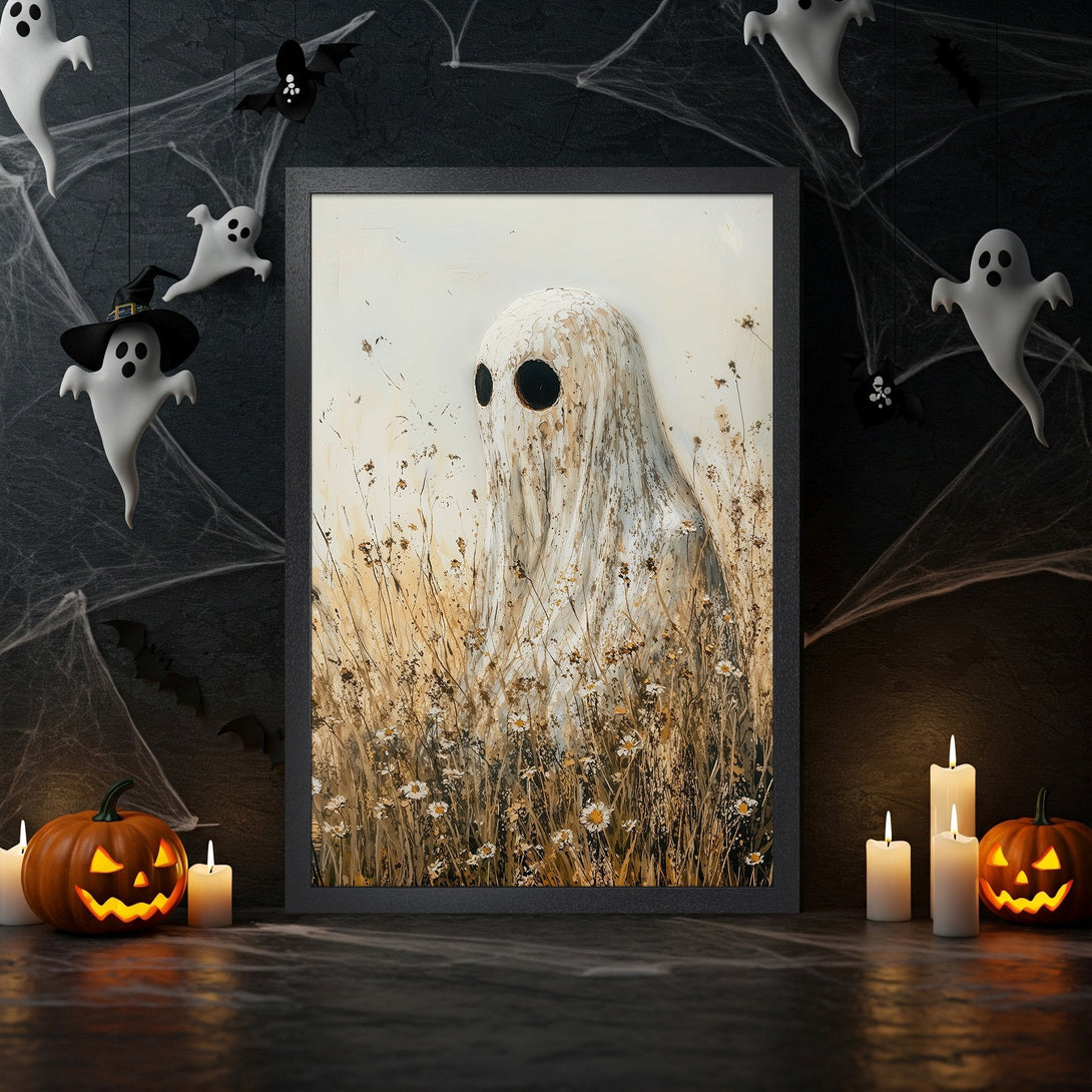 Framed Poster featuring a ghost in a field, with a neutral color palette, perfect for Halloween decor.