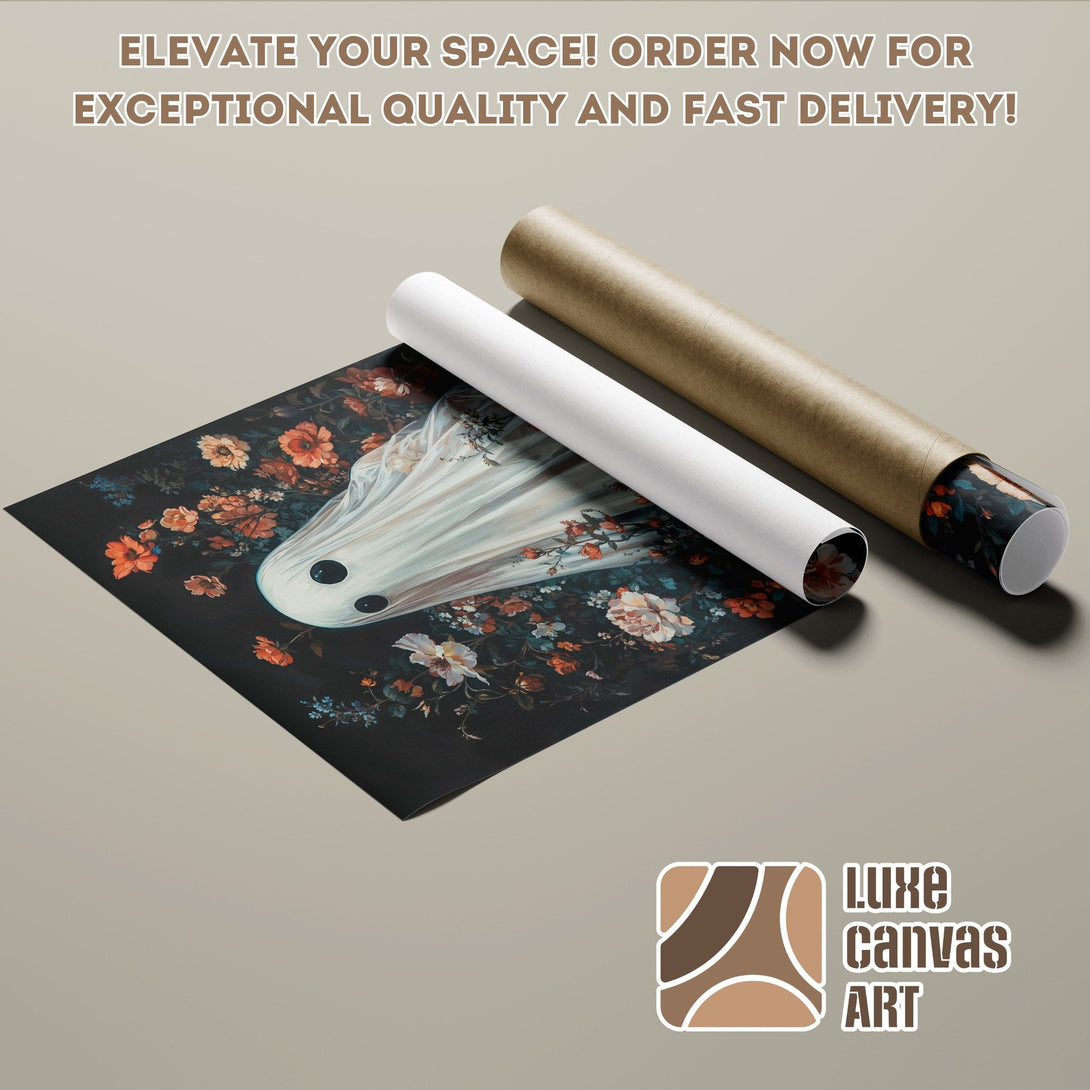 Poster Roll with floral ghost art, dark & moody style, featuring orange and blue hues.