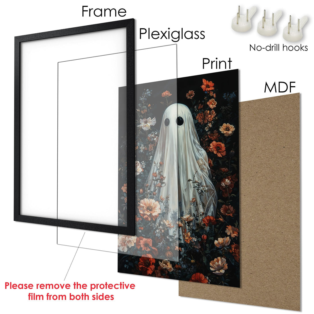 Framed Poster featuring a ghost in floral style, with a dark, moody color palette. Perfect wall art for a unique aesthetic.
