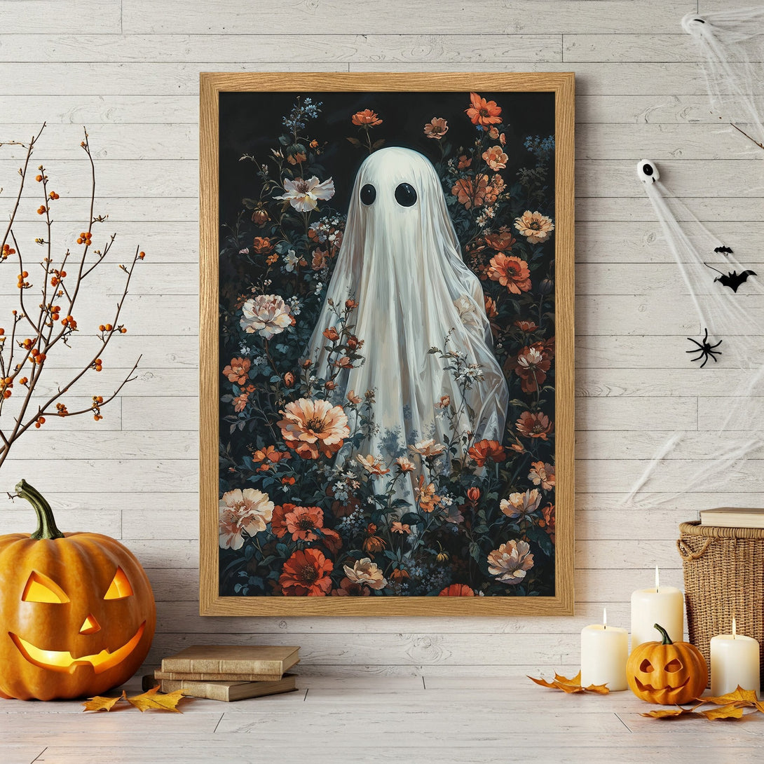 Framed Poster featuring a ghost in a floral garden. Dark, moody style with orange, cream, and black color palette. Perfect Halloween decor!
