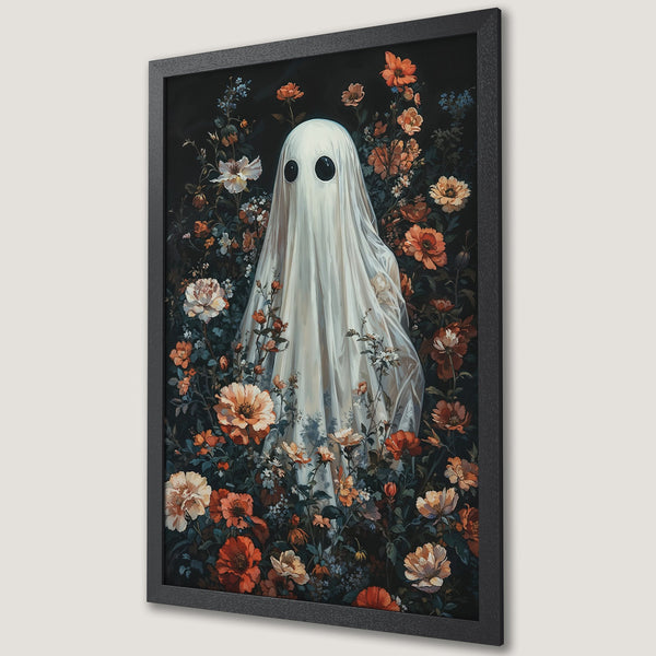 Framed Poster featuring a ghost in a floral garden, vintage style, with a dark, warm color palette.