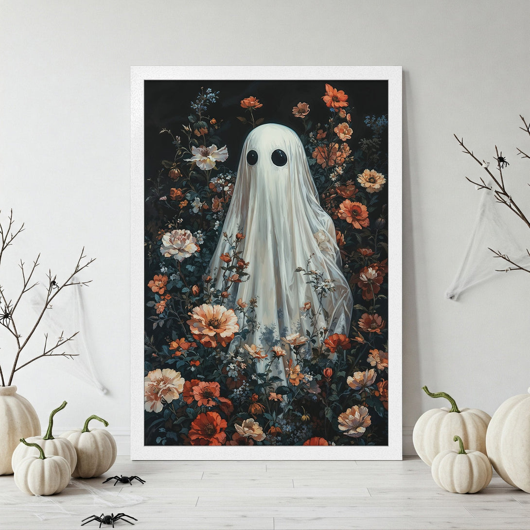 Framed Poster of a whimsical ghost in a floral garden. Vintage style art with a dark, warm color palette. Perfect Halloween decor!