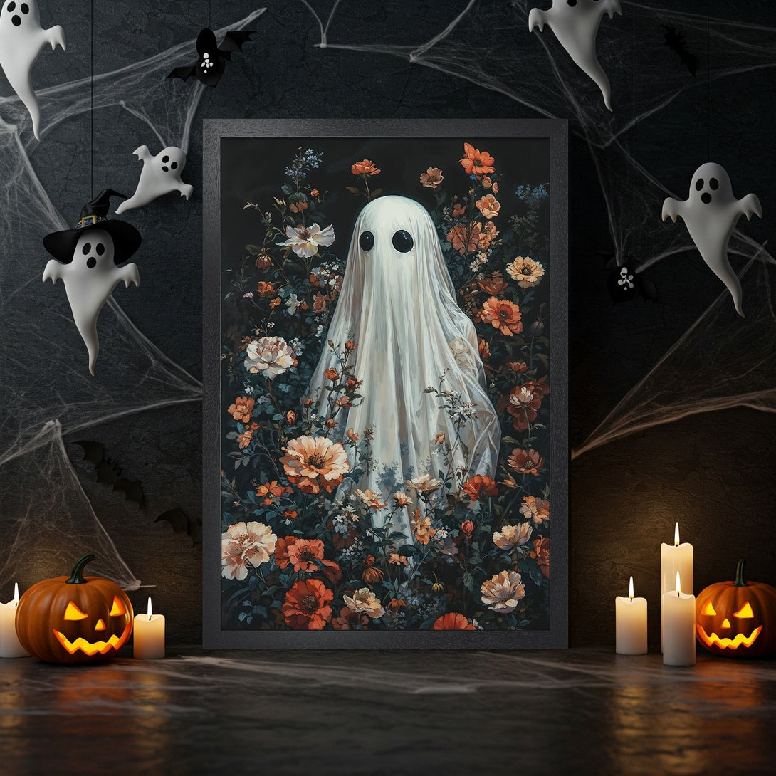 Framed Poster: Spooky ghost art with floral accents, dark moody style, and a warm, autumnal color palette. Perfect Halloween decor!
