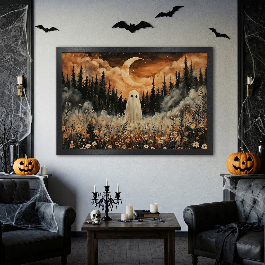 Framed Poster of a spooky ghost in a forest, with a warm orange and brown color palette, perfect Halloween decor.