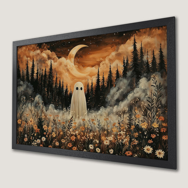 Framed Poster featuring a whimsical ghost in a forest with a warm, earthy color palette. Perfect wall art for Halloween!