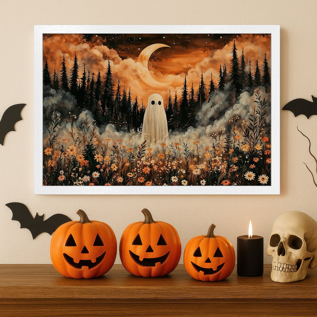 Framed Poster: Spooky ghost in a forest scene, painted style, warm orange & black palette. Perfect Halloween decor!