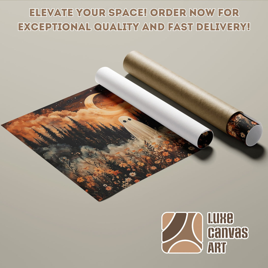 Poster Roll featuring a whimsical ghost scene in warm orange and brown tones. Perfect wall art!