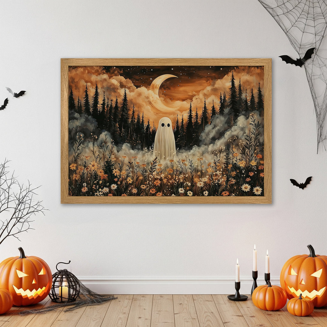 Framed Poster: Spooky ghost art in warm orange & black tones. Perfect Halloween decor! Get your unique Poster today.