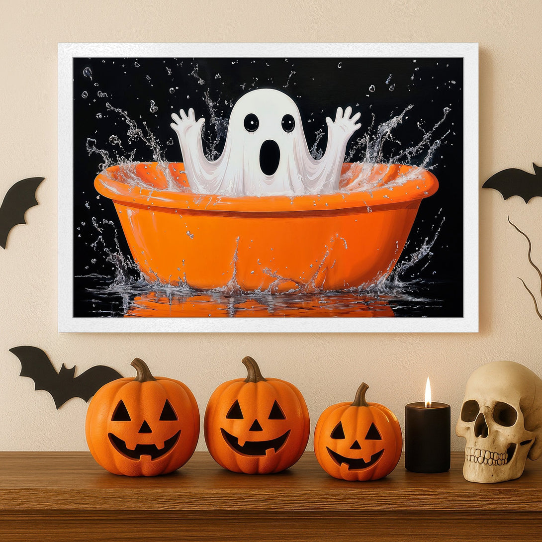 Framed Poster featuring a spooky ghost in an orange tub, Halloween decor. Black, orange, and white color palette. Perfect for Halloween!