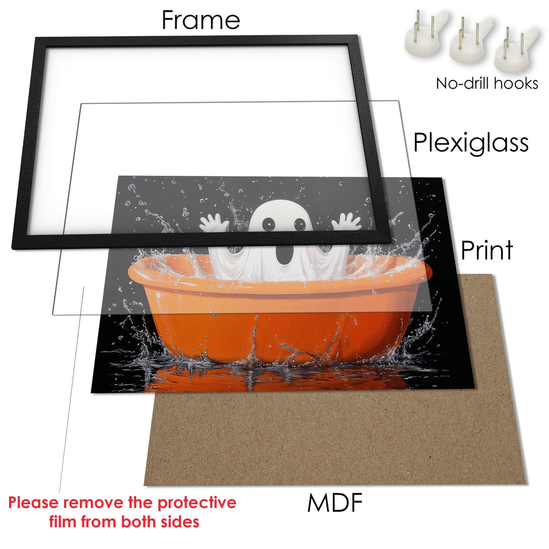 Framed Poster featuring a cute ghost in an orange tub, with a dark, splashy background. Halloween art with a fun, colorful palette.