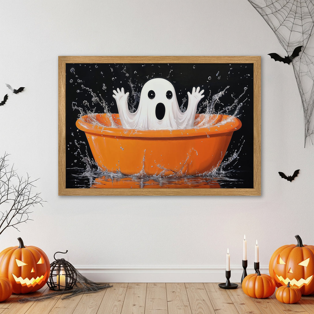 Framed Poster featuring a spooky ghost in an orange tub. Halloween wall art with a black, white, and orange color palette. Perfect for seasonal decor.