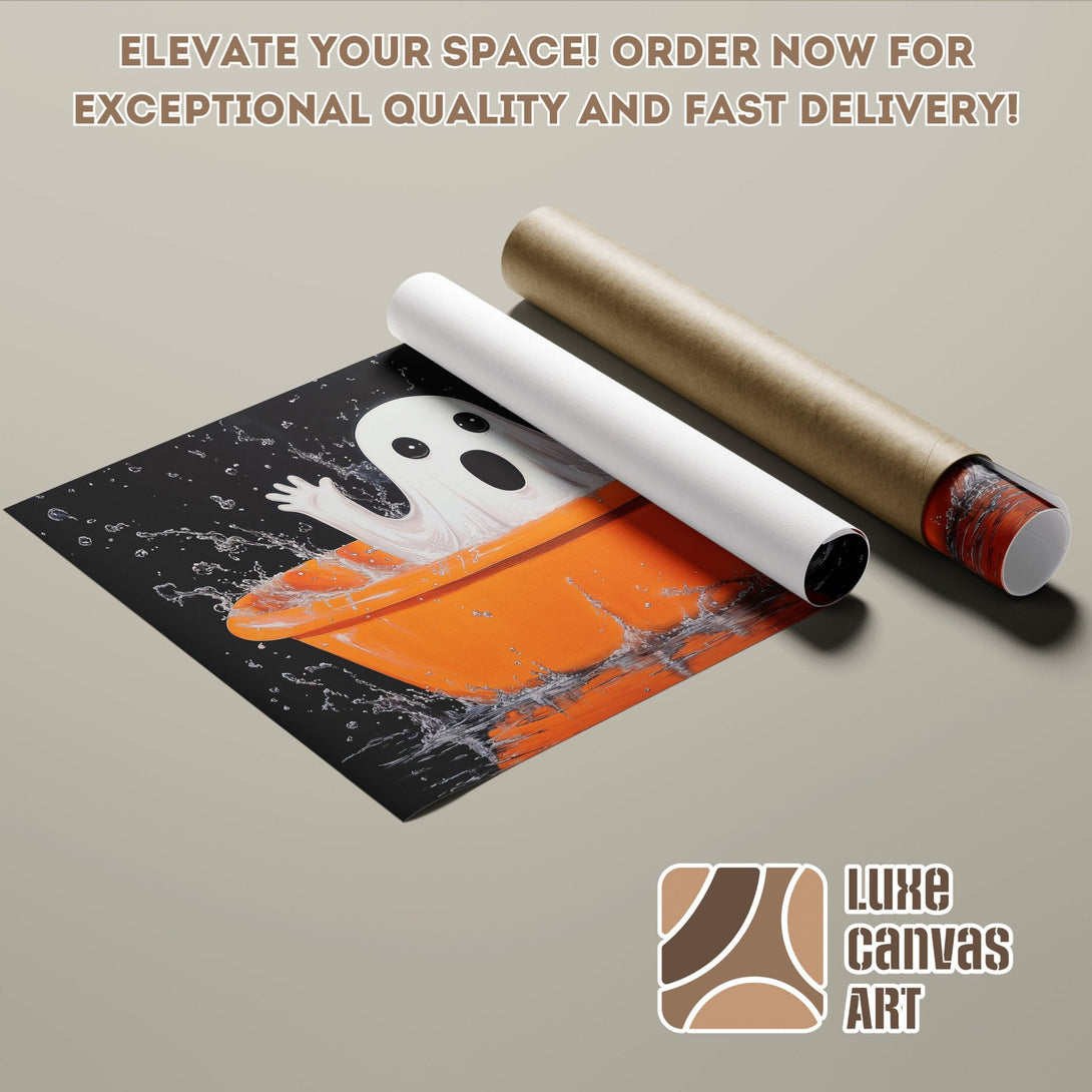 Halloween Ghost Poster Roll, black, orange, and white color palette, perfect for spooky decor.
