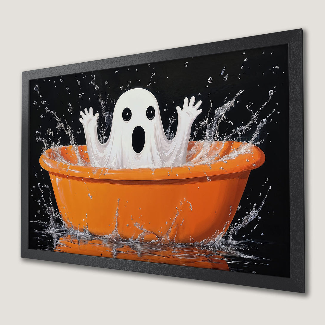 Framed Poster of a ghost in a bathtub, whimsical art with orange, black, and white color palette. Perfect Halloween decor!