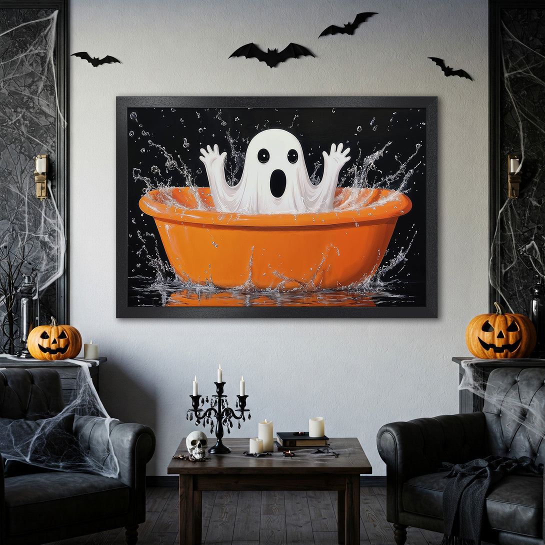 Framed Poster featuring a spooky ghost in an orange tub, Halloween art in a playful style with black, white, and orange colors.